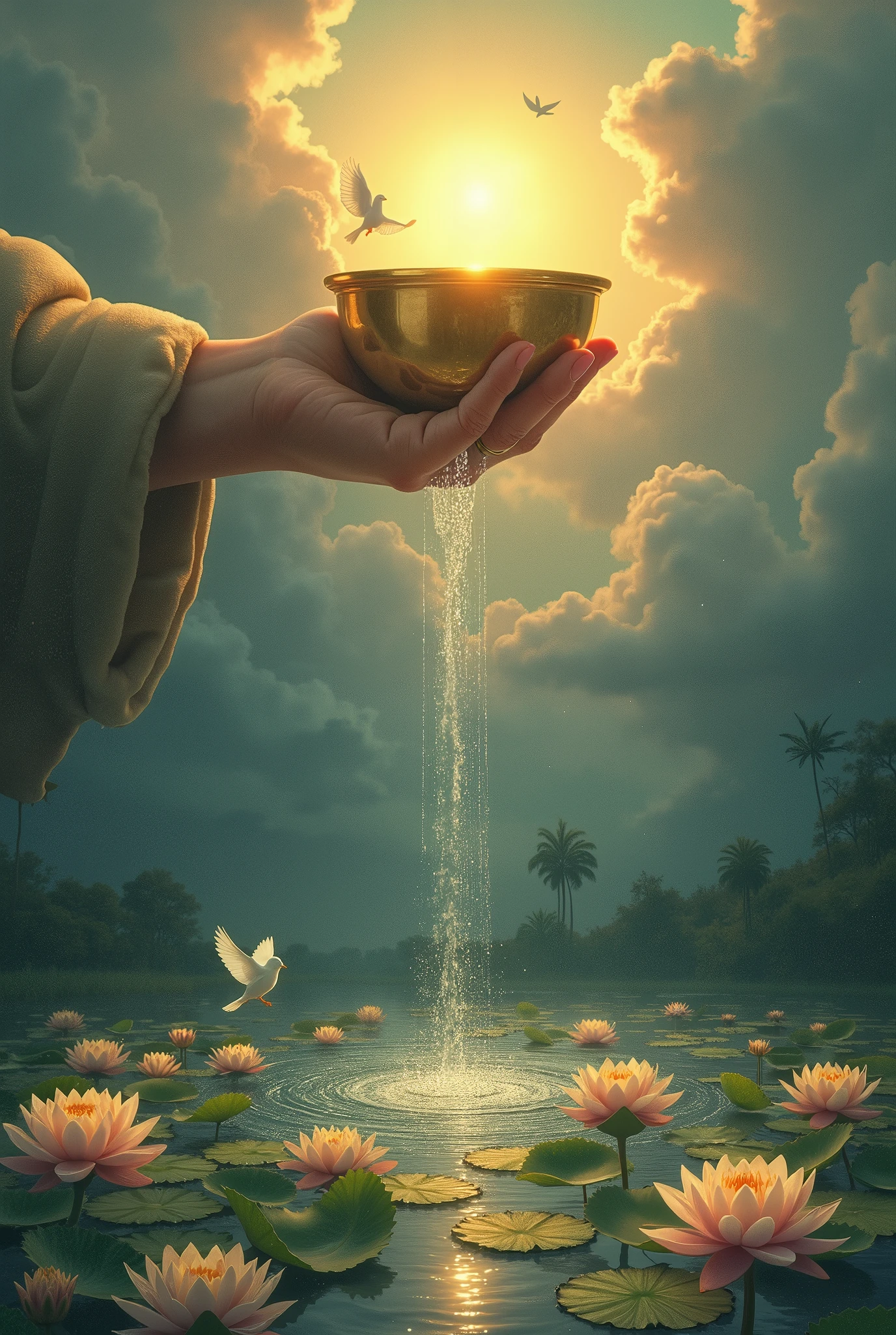 In the context of a barbaric Sumeria, a land of sorcery and formidable warriors, he creates an image depicting a hand emerging from a cloud, holding a golden cup. The hand seems to offer the cup, symbol of a divine gift or a new opportunity: five streams of water flow from the cup, falling into a pond filled with water lilies. These streams represent abundance and the influence of the spirit on the five senses: A small white dove descends towards the cup, carrying a small disc in its beak. This disk symbolizes the incarnation of the spirit in the material world. Background: The pond is filled with blooming water lilies, symbolizing spiritual awakening and purity of emotions. The image represents the Ace of Cups of the traditional tarot, but in the context of a land of Sumerian barbarians. It is important that it is hyper-realistic and corresponds to the aesthetics of the Sumerian barbarians.
