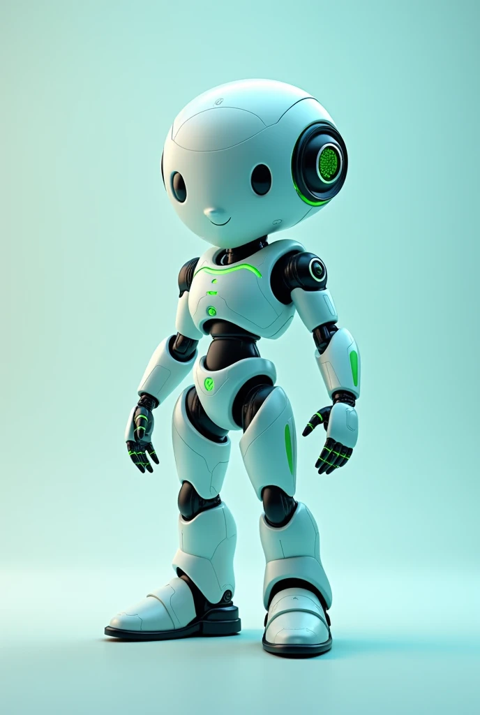 female bot; light blue and green; friendly; animated; no background; no photorealism; not cute; for client service


