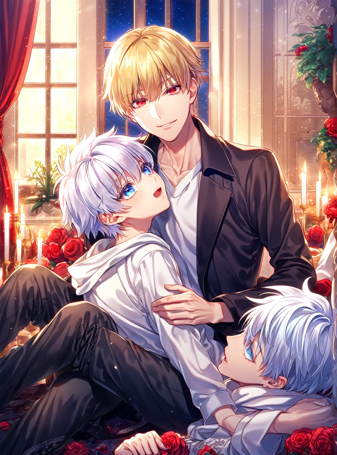 absurdres, highres, ultra detailed, HDR, master piece, best quality, perfect face, detailed eyes, detailed face, Gilgamesh, blonde hair, expressive red eyes, Fate Stay Night, Gojou Satoru, white hair, expressive blue eyes, white eyelashes, adult Gilgamesh sitting next to ??? Gojou Satoru, yaoi, gay couple, black coat, white hoodie, room, window, red curtains, red roses, candles, night, garden