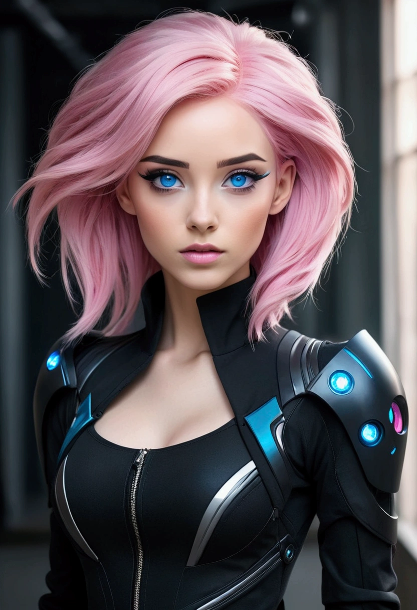 create a woman with pink hair, blue colored eyes, she is wearing futuristic black clothes