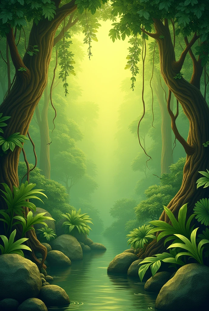 An olive green textured background reminiscent of the jungle with brown details, I want a fully animated background with no realistic stuff