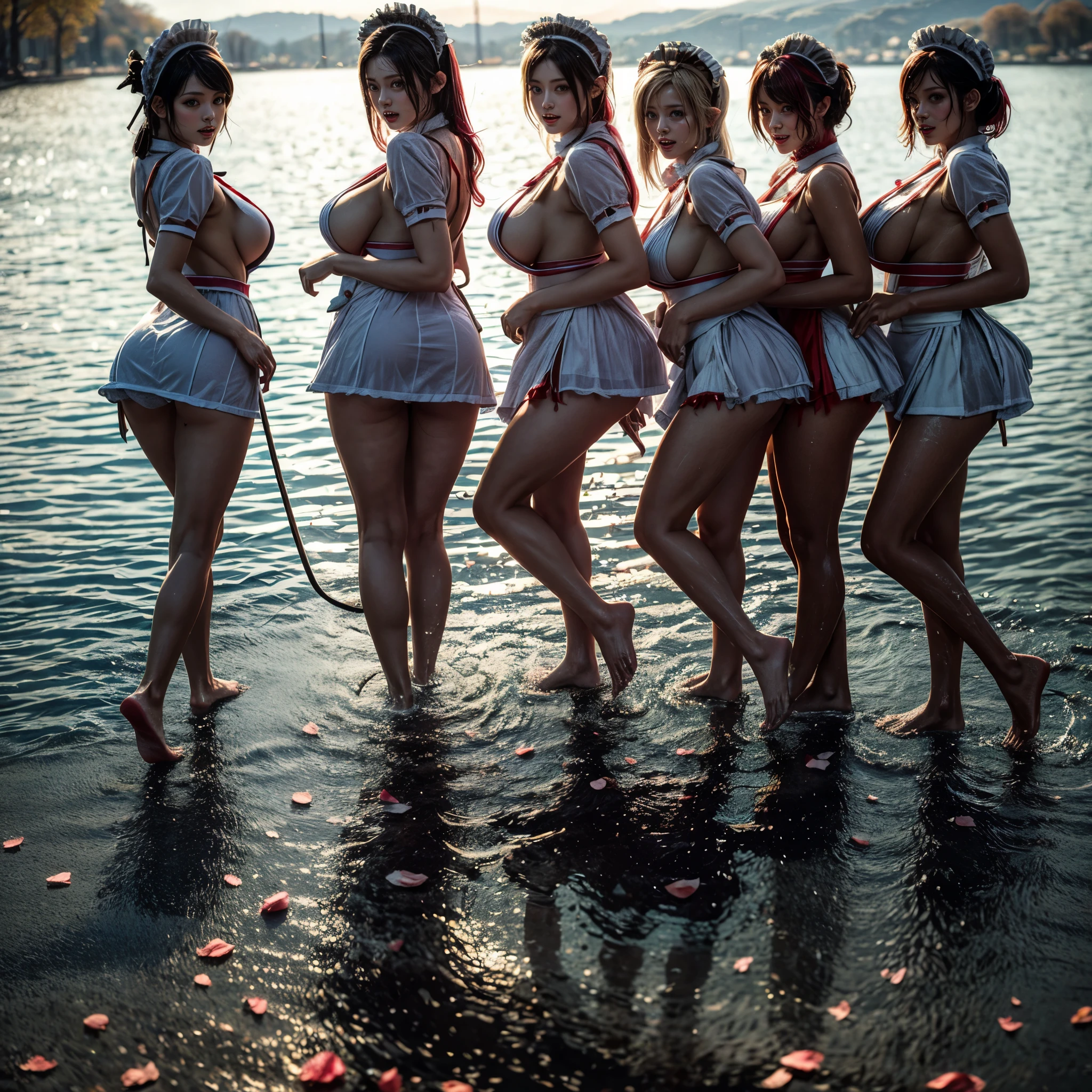 (Full Body of Extremely Detailed((Sexy Maid Group in a row:1.37))), KAWAII perfect face, Reflective Eyes, Detailed(Delicate Clothing textures), Correct Attractive Leg Line, Dynamic Joyful Expressions LifeLike Rendering, Specular Reflection, TopQuality 8K Ultra-detailed masterpiece (ProfessionalPhoto:1.37), (Acutance:0.8), (Luminism:1.28), Sparkling water surface with Reflection and Refraction (((Bathing in the Lake) Petals Dance)Tyndall Effect), Colorful Light particles, ((Full body from side)), {Kissing|Thigh Gap|Cute Peach AssFocus|(NakedApron with Overflowing SideBoob)}, Radiant Fine Skin with Transparency, (Exposed:0.4) {Pure White Hair|Pink Hair|LightBlue Hair|Blonde|Liquid Hair|(Red Tie)}, Perfect Lighting 