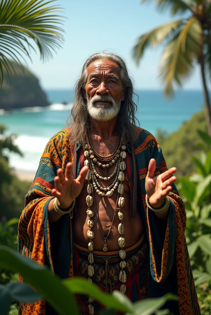 Indigenous shaman from the coast of Ecuador with tattoos and a cape and shell necklaces performing a ritual