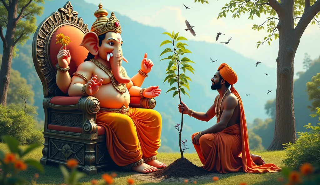High quality ultra HD image of Lord Ganesha blessing with his front right hand to Indian man. Lord ganesha is seating on sinhasan. Indian Man is planting tree and he has wear traditional indian dhoti and kurta with Indian pagadi. Natural background with mountains of mahabaleshwar, many trees and many birds flying on sky. one mouse and one large elephant near lord Ganesha. Lord Ganesha is very happy and smiling.