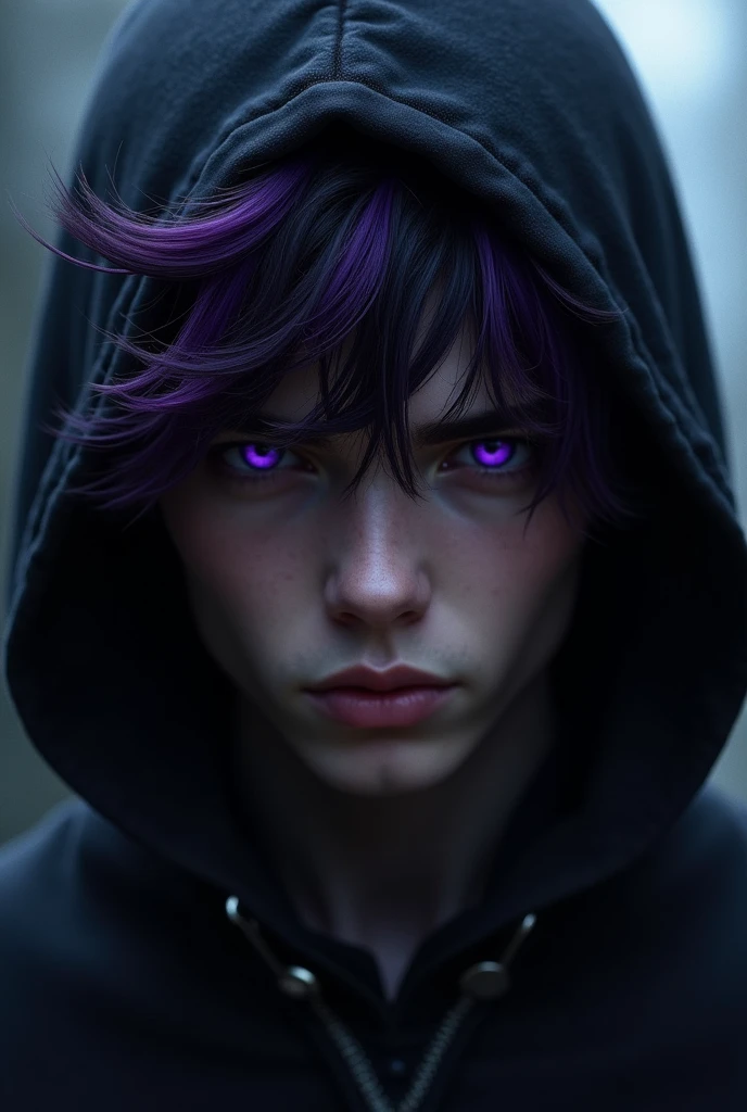 Black-eyed boy with purple pupils and black hair with purple streaks wearing a hoodie, dark dark skin tone