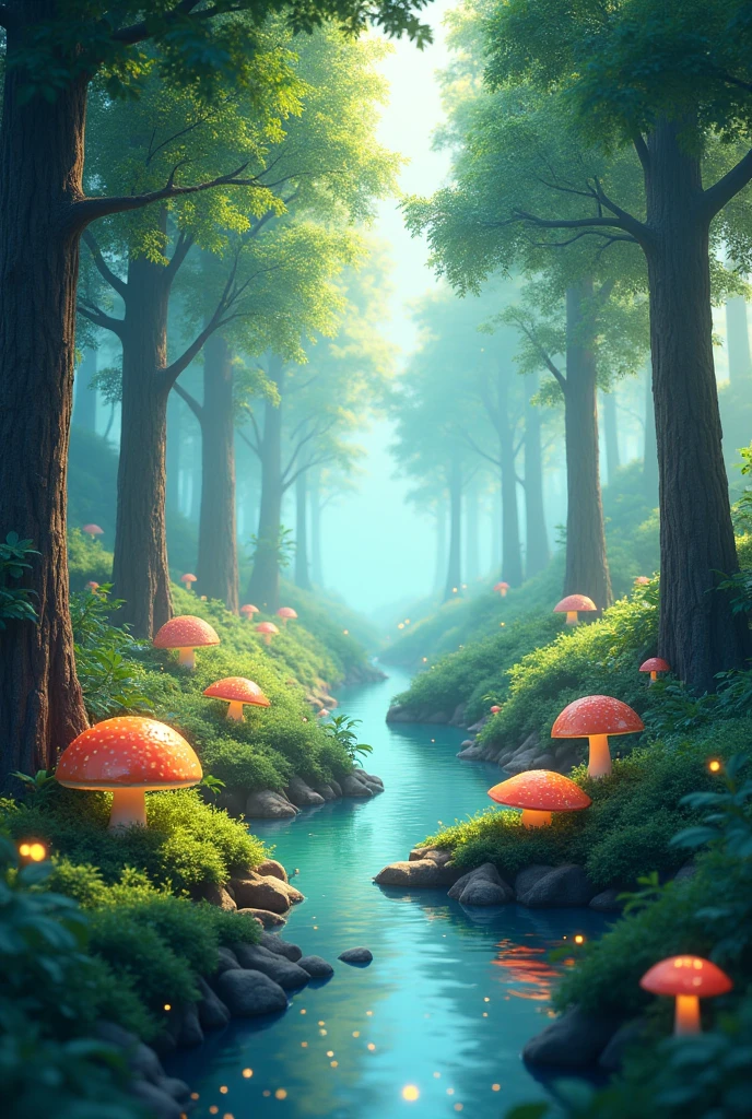 masterpiece, the best quality, Amazing reflection, best reflection. (Very detailed的 CG unity 8k 壁纸), (best quality), (Best Illustration), (Best shadow), forest theme with Natural Elements. Tall trees, Quiet stream, small glowing mushrooms surrounded by delicate Leaves and branches, with firefly and glowing Particle Effects,, (Natural Elements), (Jungle theme), (Leaves), (Branches), (firefly), Butterfly, (delicate Leaves), (glow), (Particle Effects). , Isometric 3D, Octane Rendering, Ray Tracing, Very detailed