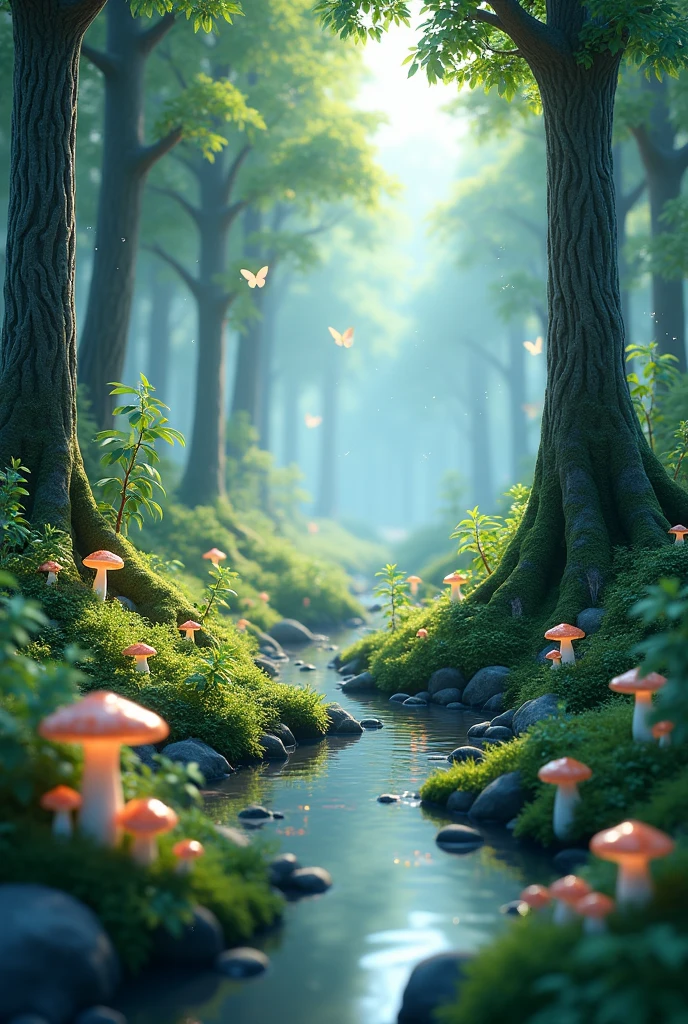 masterpiece, the best quality, Amazing reflection, best reflection. (Very detailed的 CG unity 8k 壁纸), (best quality), (Best Illustration), (Best shadow), forest theme with Natural Elements. Tall trees, Quiet stream, small glowing mushrooms surrounded by delicate Leaves and branches, with firefly and glowing Particle Effects,, (Natural Elements), (Jungle theme), (Leaves), (Branches), (firefly), Butterfly, (delicate Leaves), (glow), (Particle Effects). , Isometric 3D, Octane Rendering, Ray Tracing, Very detailed