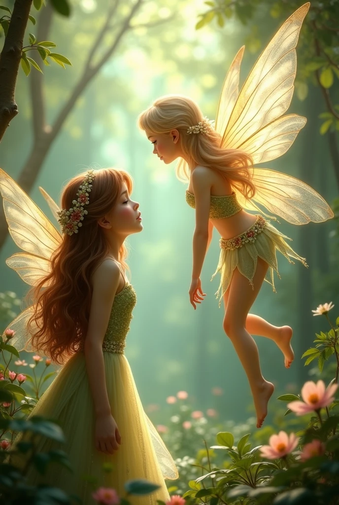 The fairy with brown hair observing the fairy with a blonde hair while flying