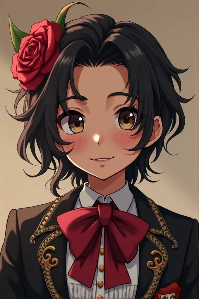 1 teenager, Mexican complexion, shoulder hair, black color with loose chocolate brown strands, heterochromatic eyes, Chocolate and silver coffee, Mysterious Mariachi Costume, anime. 