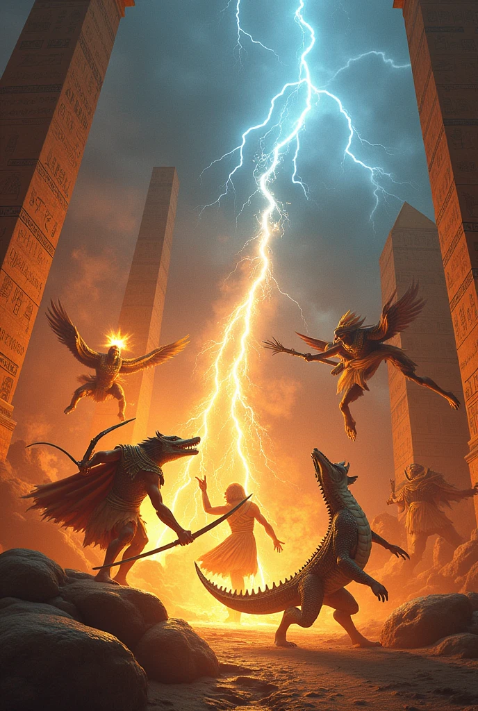Egyptian gods fighting in a final epic battle between fire and thunder