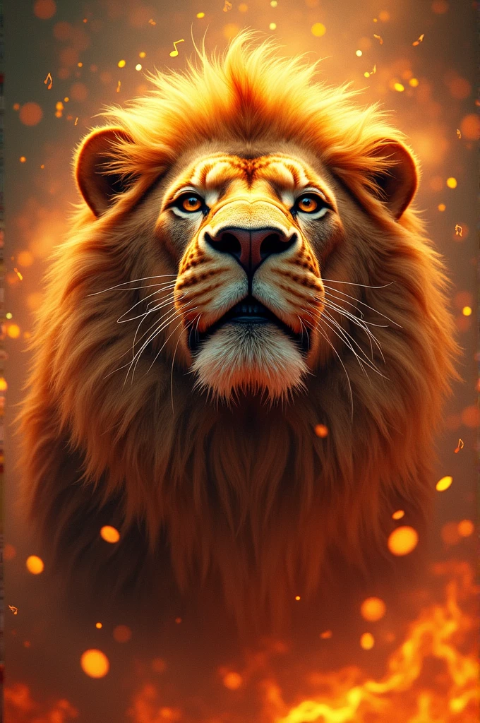 A lion's face flushed with glory, receiving praise with musical figures and flames