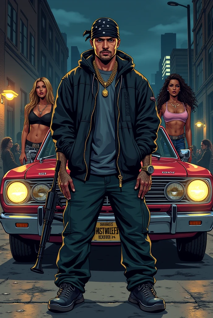 White Rapper with black bandana,lowrider an ladies in background,night in ghetto,angarage text on number plate,manga,guns