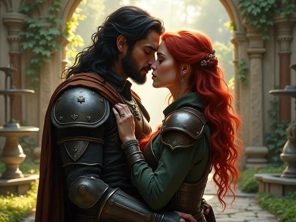 Generate a man who looks like (Ronnie Radke). (He has long black hair and a thin stubble.) He wears black and grey armor with a long brown cloak and hood. A woman who looks like (Triss Merigold) stands next to him. (She has red hair.) She wears green and brown fantasy witch light armor. They look at each other with love and kiss each other. They are in a royal gardens. Fantasy style. Realistic digital (drawn) image.