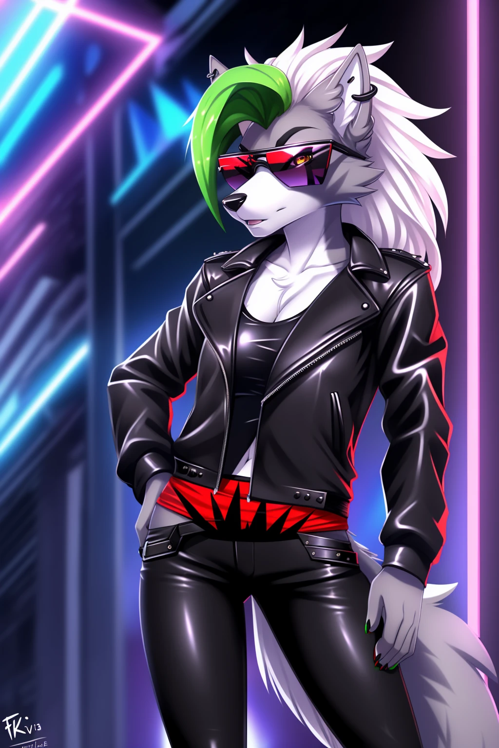 By zinfyuu on pixiv,by twistedscarlet60, uploaded on pixiv, by fluff-kevlar, (masterpiece), (best quality), (anthro furry:1.3, snout:1.2, anthro:1.3, furry:1.2, solo female:1.2), (extremely detailed:1.3), tall slim body, grey fur, roxanne, roxanne wolf, (black leather jacket:1.5), black jacket, leather jacket, black leather pants, (black pants:1.3), leather pants, (sunglasses:1.2), rectangular sunglasses, dark sunglasses, dark glasses, black sunglasses, serious face, 