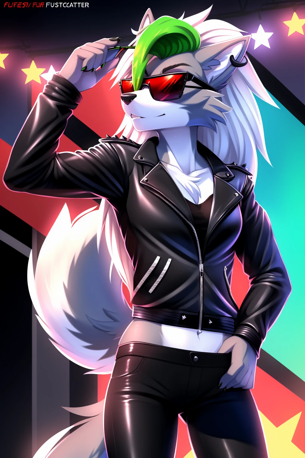 By zinfyuu on pixiv,by twistedscarlet60, uploaded on pixiv, by fluff-kevlar, (masterpiece), (best quality), (anthro furry:1.3, snout:1.2, anthro:1.3, furry:1.2, solo female:1.2), (extremely detailed:1.3), tall slim body, grey fur, roxanne, roxanne wolf, (black leather jacket:1.5), black jacket, leather jacket, black leather pants, (black pants:1.3), leather pants, (sunglasses:1.2), rectangular sunglasses, dark sunglasses, dark glasses, black sunglasses, serious face, 