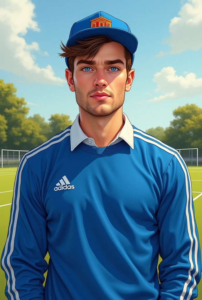 Realistic drawing of an extremely handsome 1 young man, fit, of Brown hair,  very blue eyes, clean face, with a blue sweatshirt with a collar and white stripes, and a blue cap, on a rugby field 