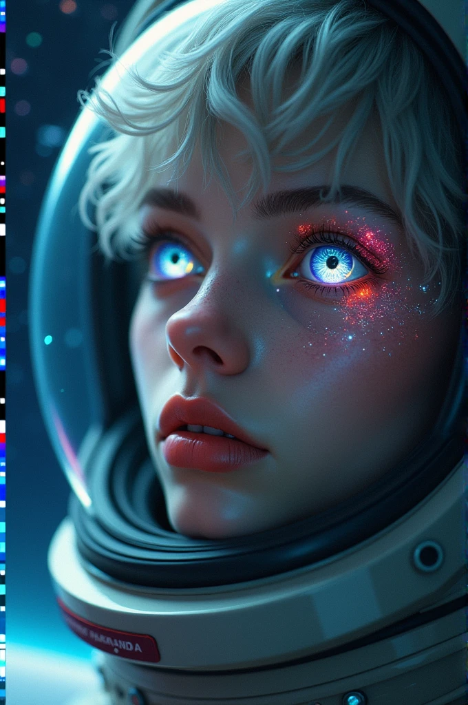 (Close-up of a better masterpiece:1.5)0.9], (Space and astronauts:1.2) (Messy silver hair:1.1) (Heterochromia xanthochromia and blue eyes:1.2) (Space Helmet:1.0) (Colored stars in the eyes:1.0) (A radiant glow:1.1) (thick lips:0.9)