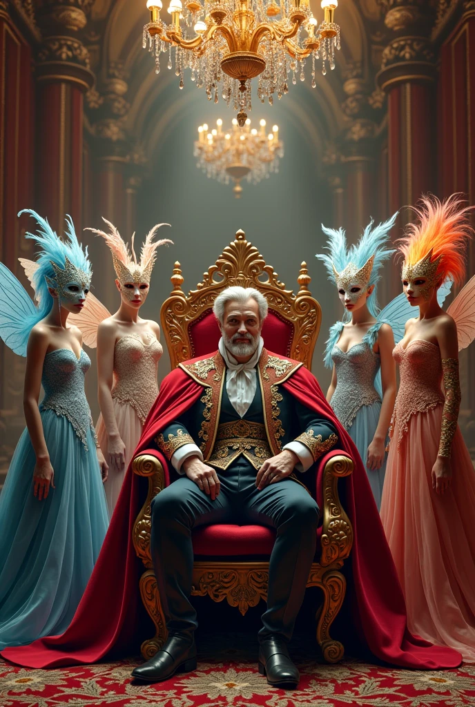 The king sitting on the throne and beside him the ice fairy the fire fairy the air fairy the nature fairy and the water fairy, everyone wearing masks because we are at the castle's masquerade ball