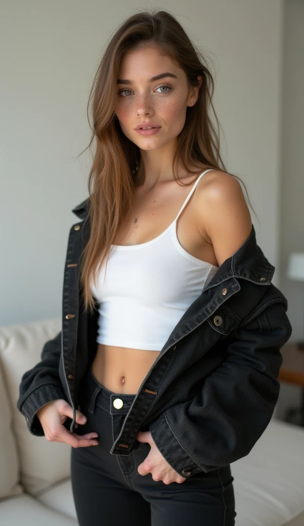 a young woman with striking features. She has fair skin with visible freckles, clear eyes, and fleshy lips. Her hair is straight and loose, with a bit of a messy part. Her facial expression is serene and confident, and the soft lighting highlights its features. The background is neutral, which helps to focus on the central figure. wearing a white sleeveless crop top and black skinny jeans, with a black denim cropped jacket on top. in a minimalist and elegant living room In dynamic pose. 60K