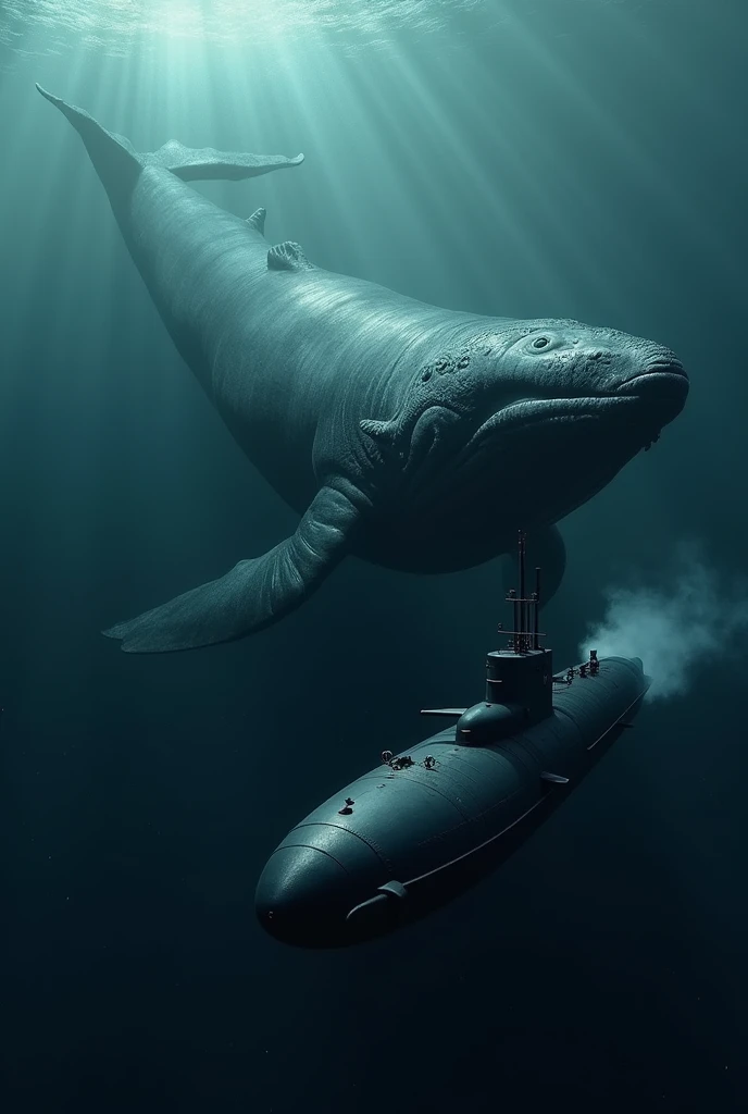 Whale in the depths of the sea with detailed submarine approaching it, The submarine is trying to escape in self-defense.