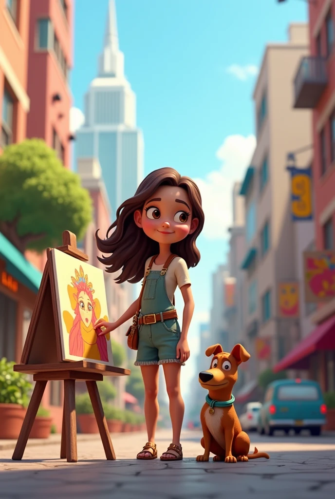 luna e Max na cidadePrompt: "Desenho 3d de uma jovem artista, luna, with brown hair and a loyal dog, Max, in a big city. luna está com um estande de arte de rua, displaying his paintings, as Max watches her from beside him. The city in the background is modern and vibrant.."Disney,pixar,animation,3d