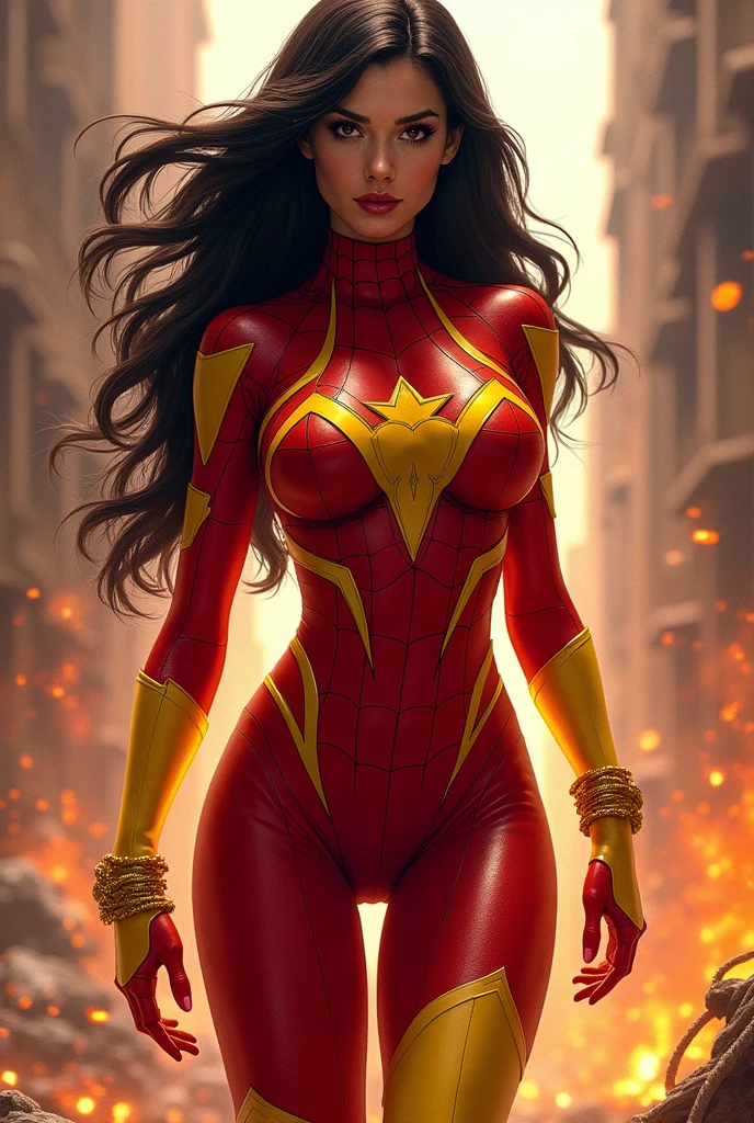 (((Spider-Woman Red Symbiote))),(((A beautiful woman with long black hair under the mantle of the arachnid Jessica Drew aka Spider-Woman))),(((Red spider onesie))),(((yellow triangle at the level of her breasts and abdomen))),(((Yellow boots long up to her knees))),(((Yellow Gloves lakes))),(((With red Symbiote skin running all over his skin))),(((Yellow metal bracelets))),(((Simbionte Spiderman))),(((Red Symbiote Skin)))