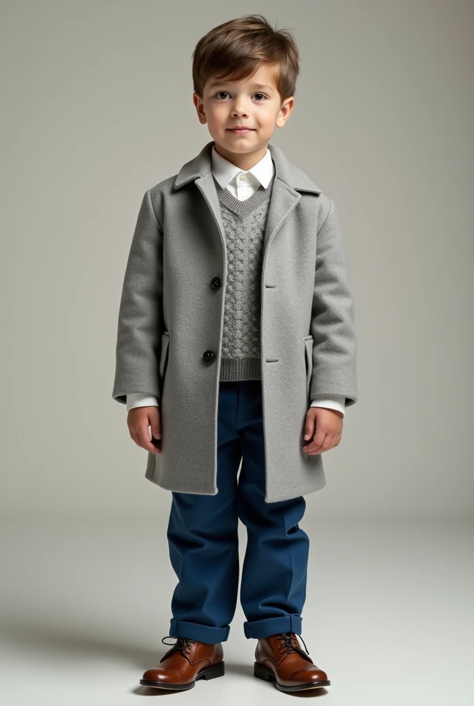 (realistic photo)  boy in light grey coat, White shirt, chompa, blue pants and shoes (elegant)