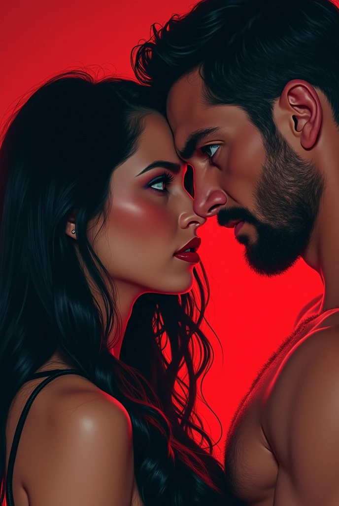 woman, Not 20, long black hair, blood red lips, green eyes, only body from the stomach up and a muscular man with blue eyes and dark hair, Not 20, both look at each other passionately