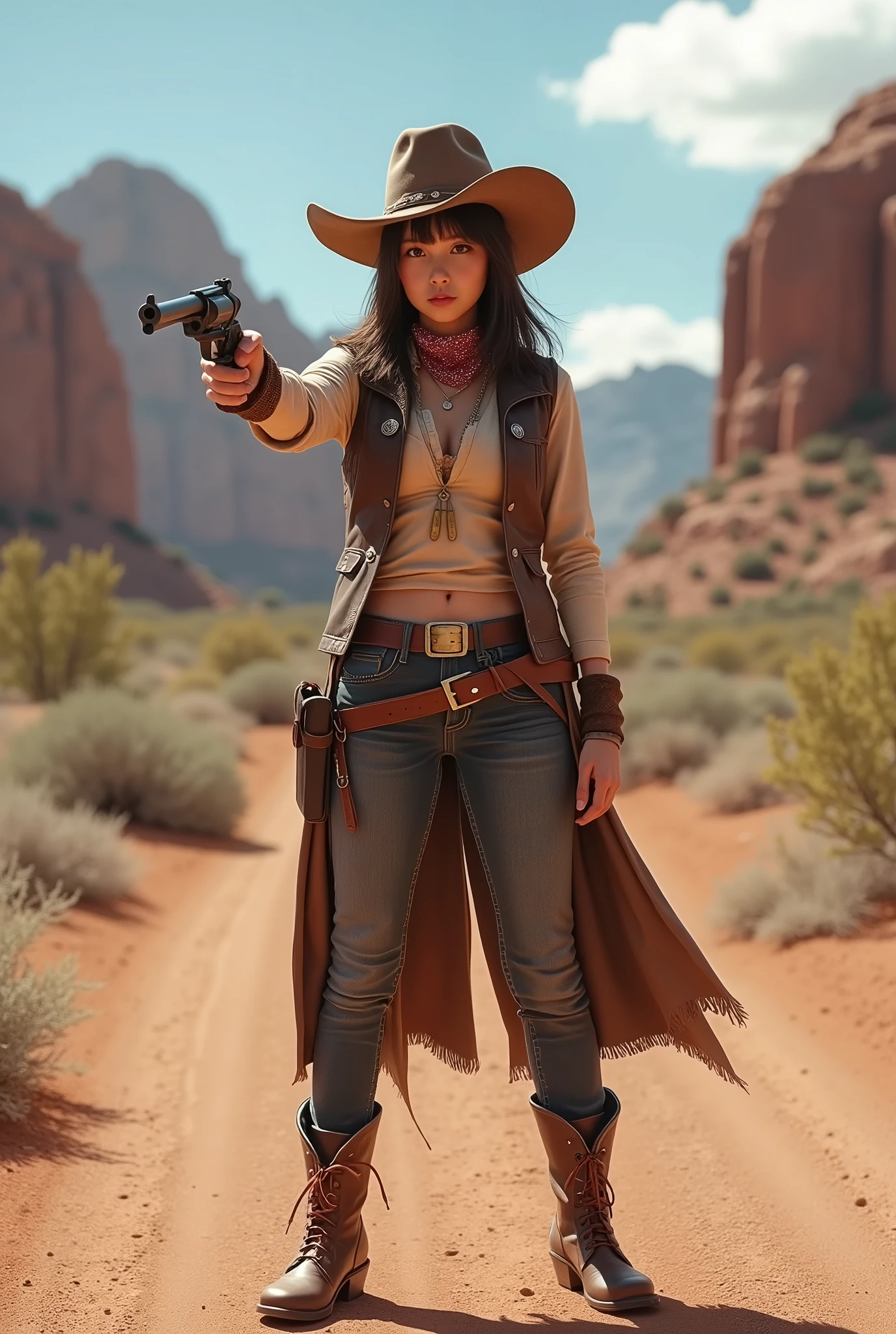cowboy shot, cartridge belt with gun holster , Her has a handgun, Colt Peacemaker, Full-body ,standing pose, Western style, America, Cowboy Dressed , Cowboy style Wear, cowboy-hat, leather vests, bandanas, and cowboy boots, (Billy the ??? clothes) ,looking viewer, ((Japanese girl )), ,(middle hair, brown hair, fringe),(middle breasts, slender whist, middle hip, public hair), (masterpiece, highest quality, Very detailed, Ultra-high resolution, (photopractical:1.4), Original photo, (practical:0.2) , Colorado desert in the United States, noon