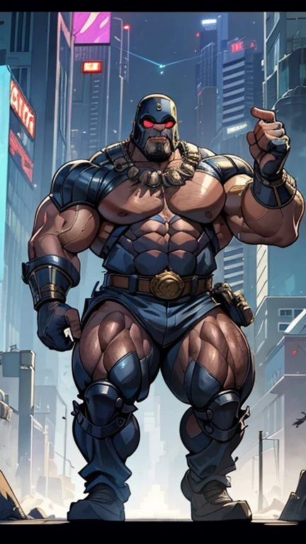 Create a Strong and Muscular Villain Man, fully body, wearing a neoclassical cyberpunk costume imitating a Pitbull dog, with a helmet that imitates the head of a Pitbull dog. The costume must be detailed, with elements that reflect aspects reminiscent of brute force. The style should be inspired by Marvel Comics and DC Comics, with a powerful and imposing appearance, showing him walking through a destroyed city, 8k, in the best possible quality."
