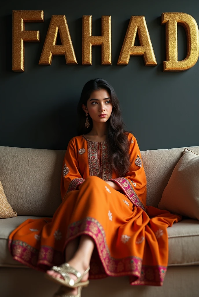 girl Create realistic picture where a Girl in a Balochi dress wearing casually on a couch ai image. Wearing shoes and bangles,and he is looks ahead romantic. The background features “fahad” in big and capital 3D gold texture fonts on the black wall