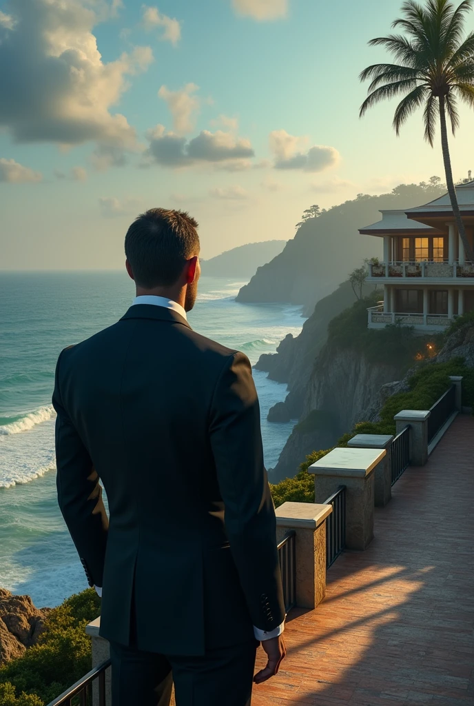 Loan shark on the coast looking at his mansion and his luxury car 