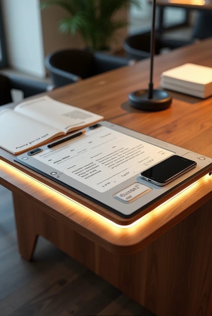 The work table has a surface made of wood or similar material., with one half dedicated to a traditional writing space and the other half occupied by an integrated touch screen. The screen displays a calendar, Digital reminders and notes. There are compartments for office supplies and a USB port or wireless charging base for mobile devices.. Adjustable lighting is integrated into the edge of the table, offering a soft and comfortable light to work with.