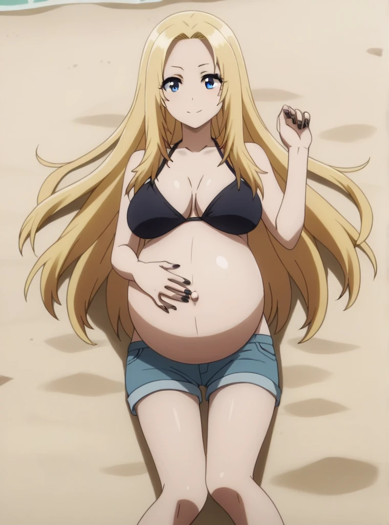 puntaje_9, puntaje_8_arriba, puntaje_7_arriba, puntaje_6_arriba, puntaje_5_arriba, puntaje_4_arriba, alph, Alpha, The Eminence in Shadow, long blonde hair, waist-length hair, silky straight hair, neat bangs, bright blue eyes, pale skin, ethereal, regal, composed expression, 1 chica, solo, pelo largo, orejas puntiagudas, Looking straight ahead, smiling,
Big breasts, Pregnant, huge belly, large belly, Belly button, posing, bikini, shorts, indoors, black nails polish, Rubbing belly, beach, Lying down,
high quality, mejor calidad, ultra detallado, obra maestra, Full body, Anime style, Alta calidad, ultra detallado, calidad bestia,
mirando al espectador, ángulo holandés, tiro de vaquero,