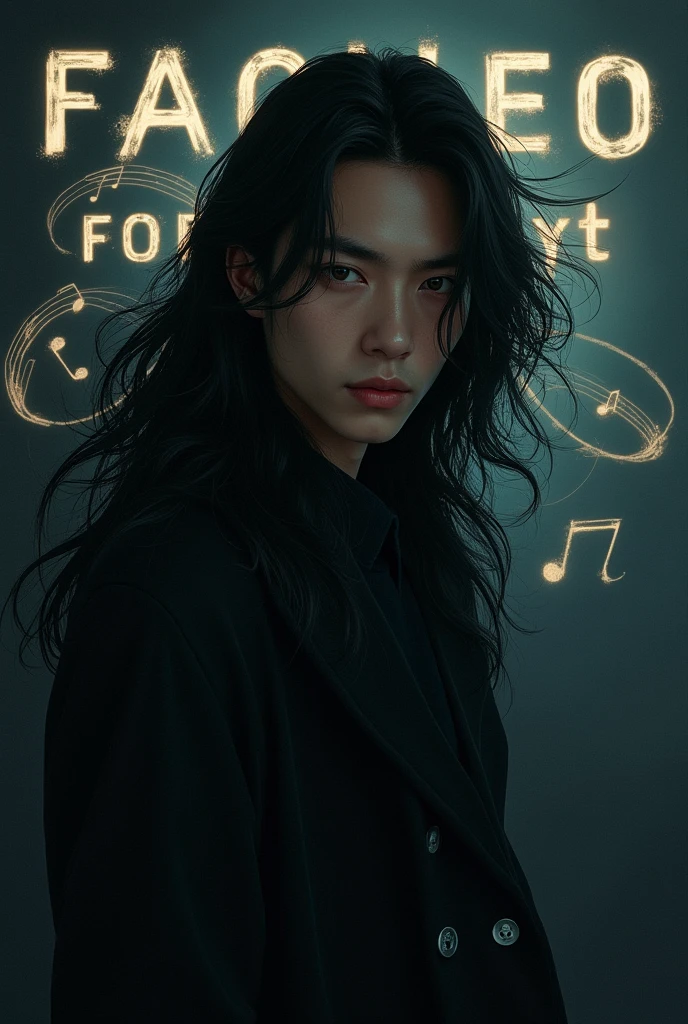 Asian boy man who looks like DPR ian and who has long hair and in the background is written the word facneo and who is in a dark place and who has black musical notes around him