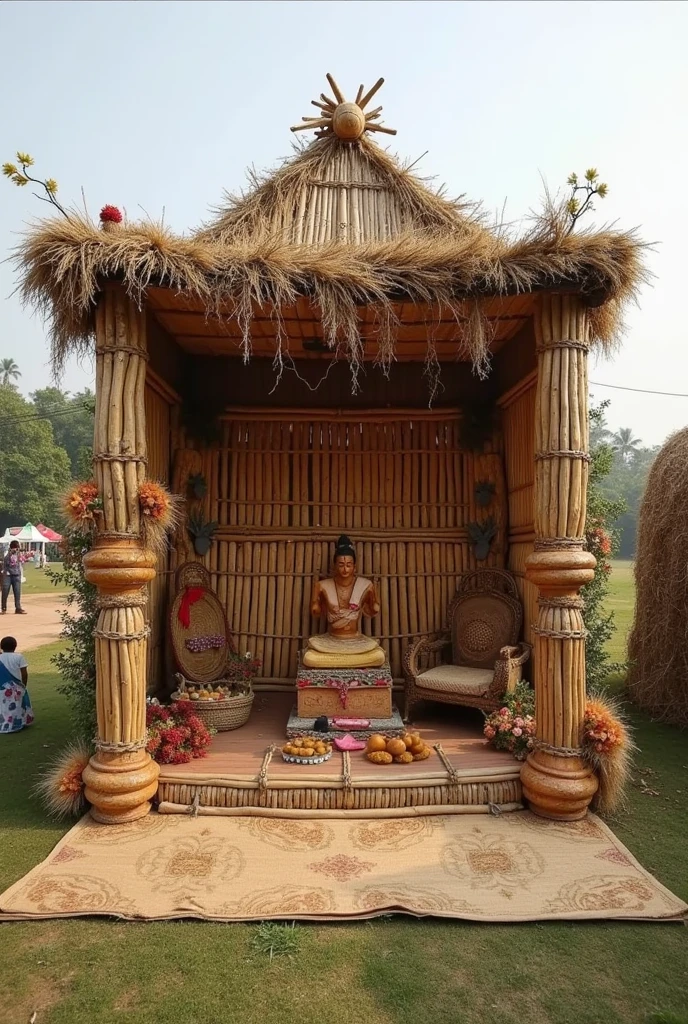 Decorate the mandap of Kali Puja on field with some rustic materials. For example, the house is made of bamboo, jute, etc. On the one hand, the message of eco-friendly puja will be given.