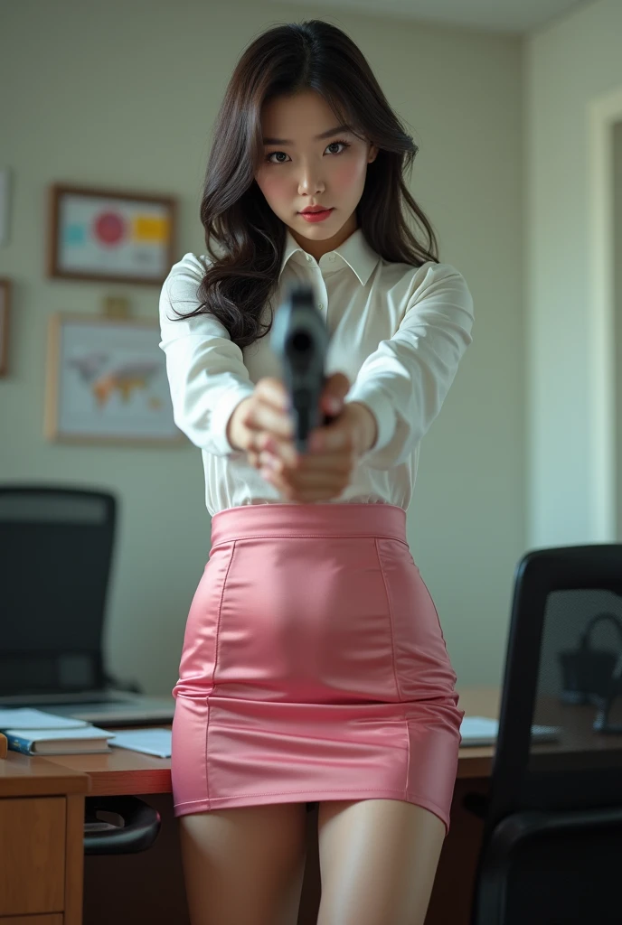 camera back view facing real person eyes open realistic beautiful korean office lady white shirt tight mini skirt satin pink colour stance legs open spreading arms straighten full portrait gun back view facing sexy legs  aiming target point at you firing shooting range