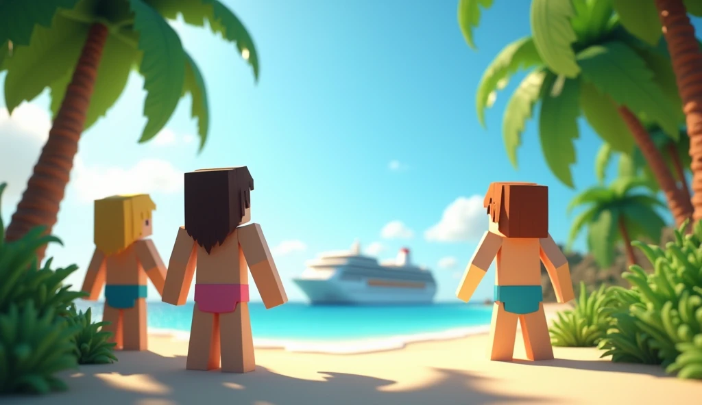 Minecraft 3d characters in swimsuits playing on a tropical beach with palm trees Nature only on the right side of the image and on the left side the characters with your back to the camera looking at the horizon of the beach and a cruise in the background