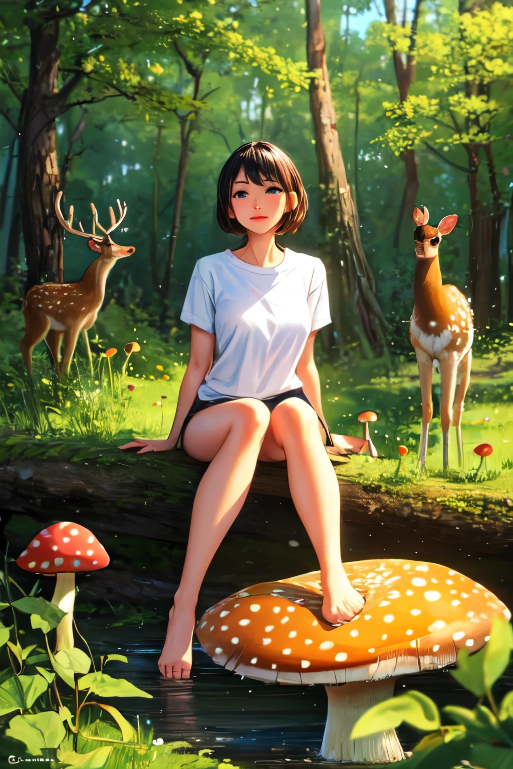 woman sitting on mushroom in forest with frogs and deer