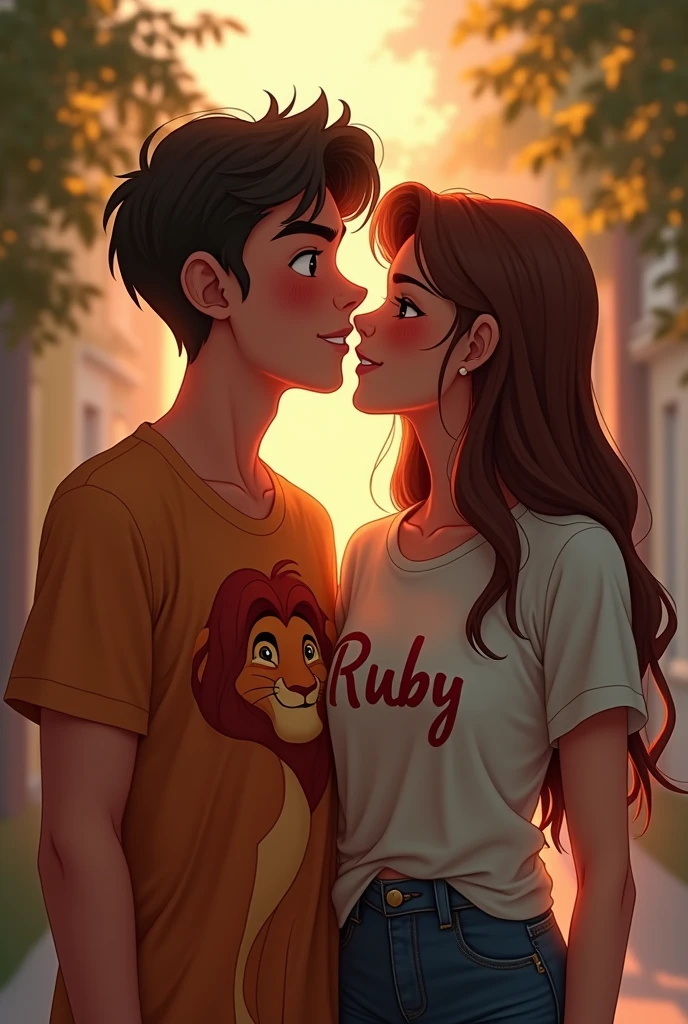 A guy with a t-shirt that says simba kisses a girl with a t-shirt that says ruby