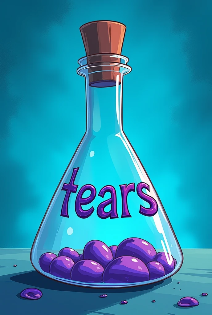 A Herlen Mayer flask or beaker that says "tears" with the style of Melanie Martinez cartoon animated 2d color blue tears style Melanie Martinez 