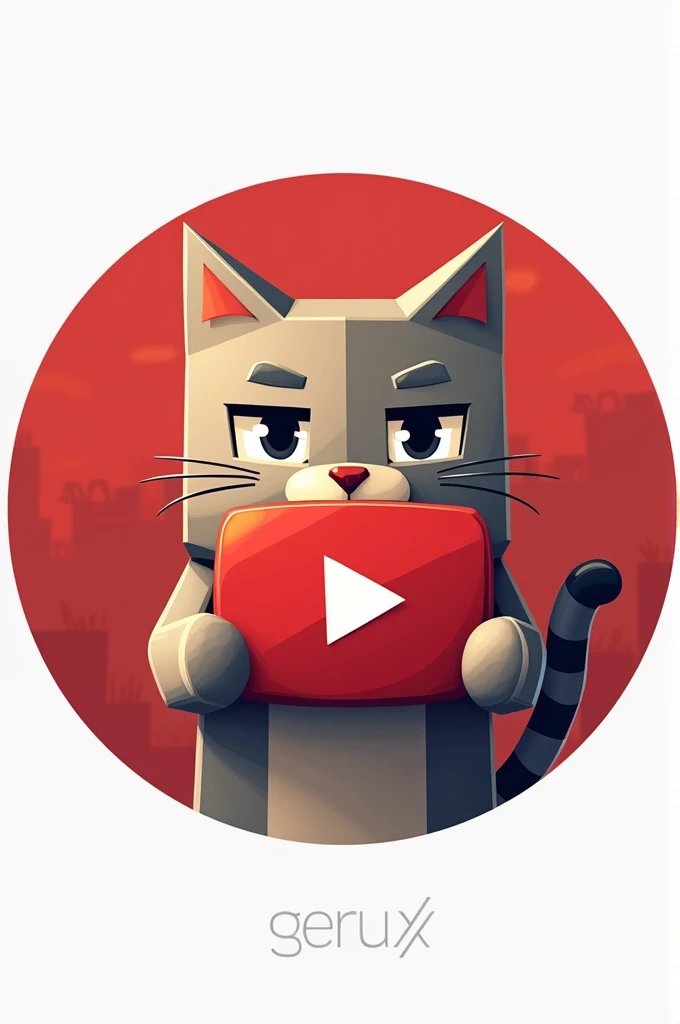 Create a round logo for YouTube with a Minecraft style cat holding a YouTube badge in its hands and saying Geruxx