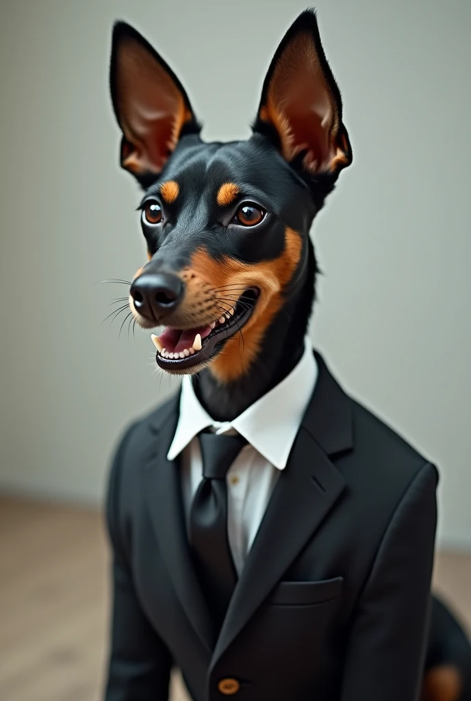 A handsome Pincher dog in a designer suit smiling