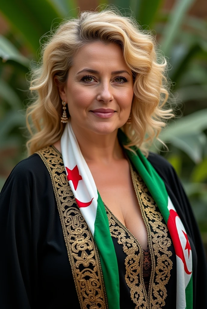 Close up, woman, plump, blonde, wearing, black Algerian caftan, decorated with gold threads, with colorful scarf in the colors of the Algerian flag white, green and red, green natural background, 
