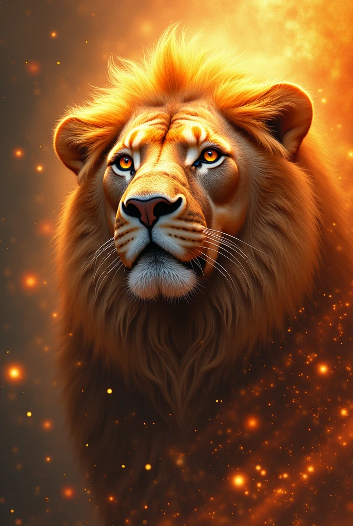 A lion's face flushed with glory, receiving praise with musical figures in circles as if they were being played and flames