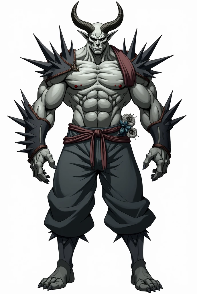 character, humanoid, masculine, horns all over the body, gray skin, ribbon on one of his shoulders, spikes in their hands, cotton pants with a ribbon at the waist, armor on your torso, athletic body, anime, White background