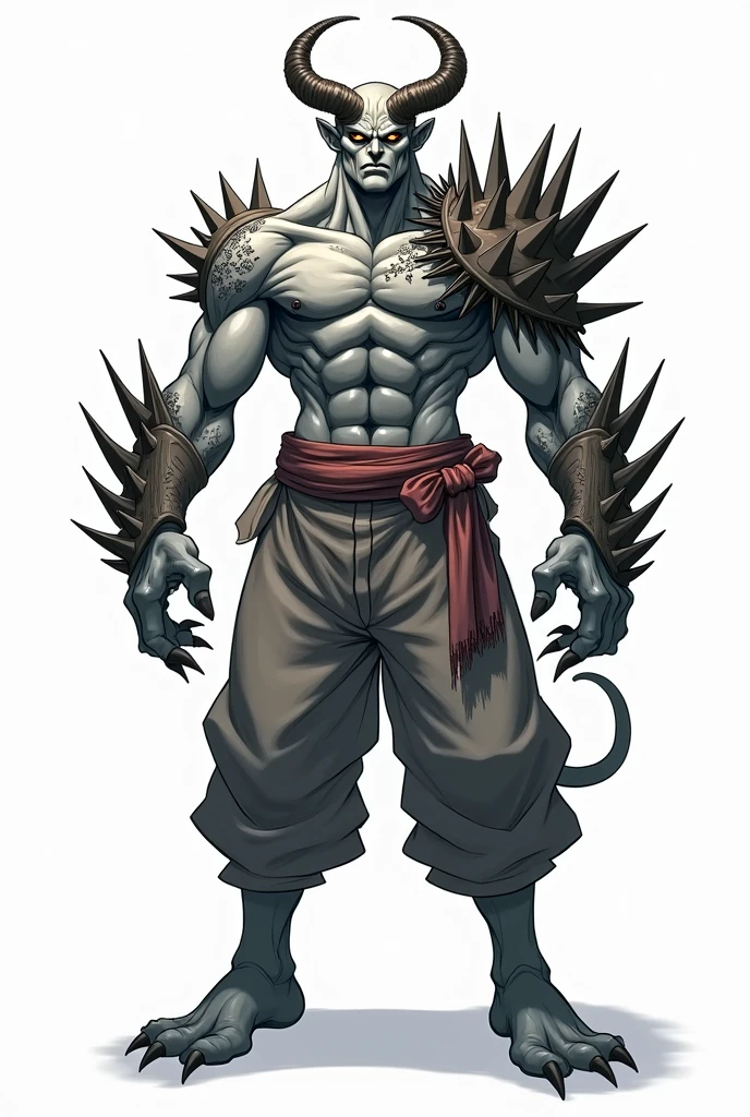 character, humanoid, masculine, horns all over the body, gray skin, ribbon on one of his shoulders, spikes in their hands, cotton pants with a ribbon at the waist, armor on your torso, athletic body, anime, White background