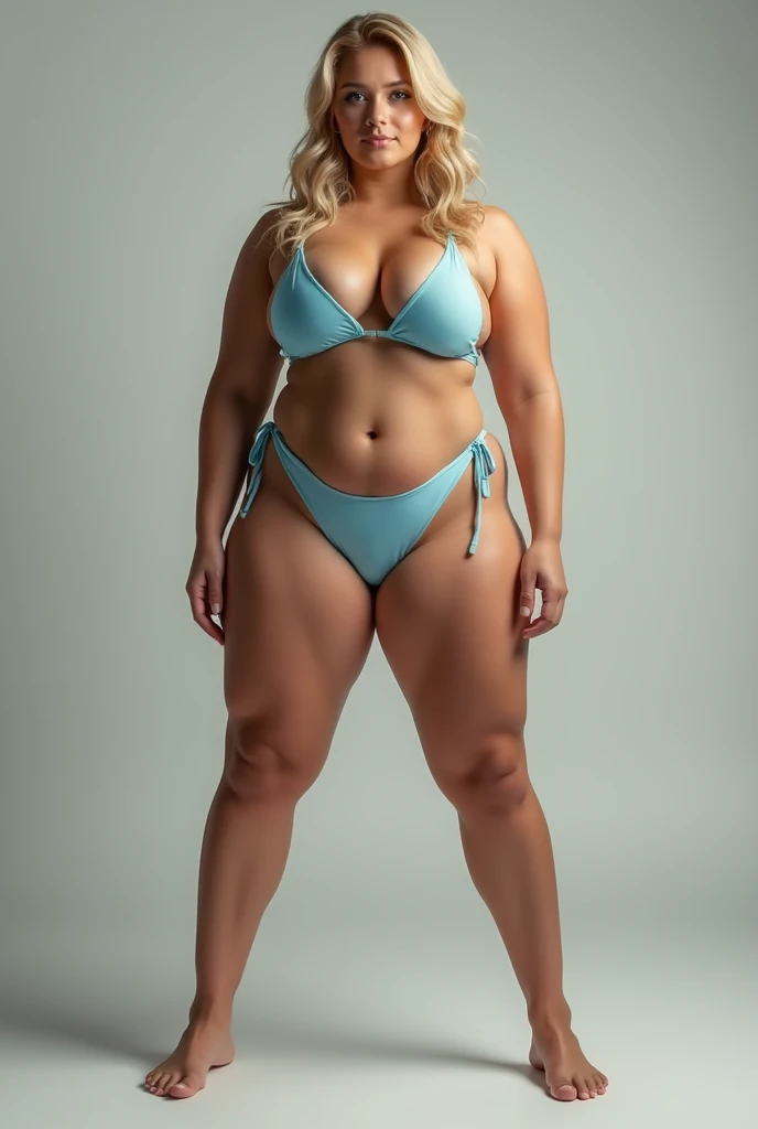 blonde girl, Bullish, fitness style ,  wide hips and thick legs, voluminous hips and legs, maintaining proportionality, standard brazilian woman body , wearing a blue bikini, front view, from front to camera, 