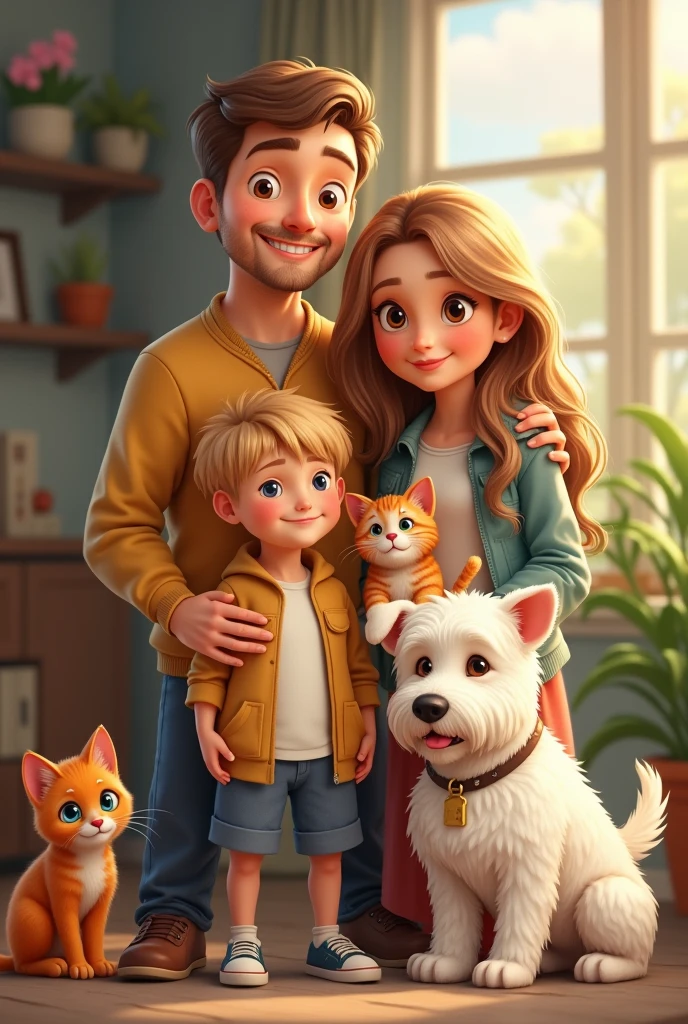 family: Mom 40 years old blonde with brown eyes, dad 40 years old short brown hair, Brown eyes,   daughter long brown hair, Brown eyes,   blond blue eyed son with 1 orange tabby kitten and a white westie dog