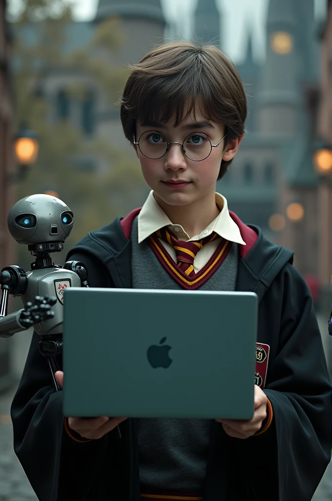 ((best quality)), ((masterpiece)), (detailed), perfect face
A photo of harry potter holding laptop with short robot in Hogwarts background